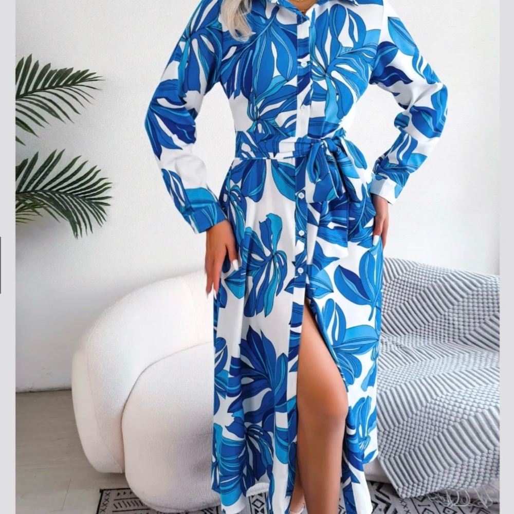 Blue Floral Shirt Dress with Tie Waist